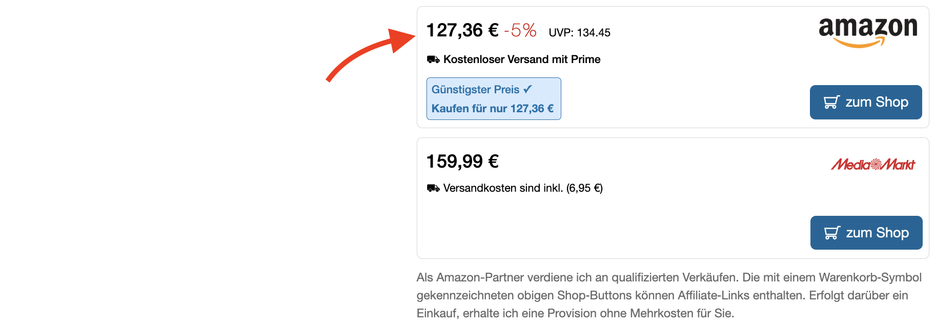 Preis-Boxen für ein Produkt auf der Produktseiten Preis-Boxen für ein Produkt auf der Produktseiten